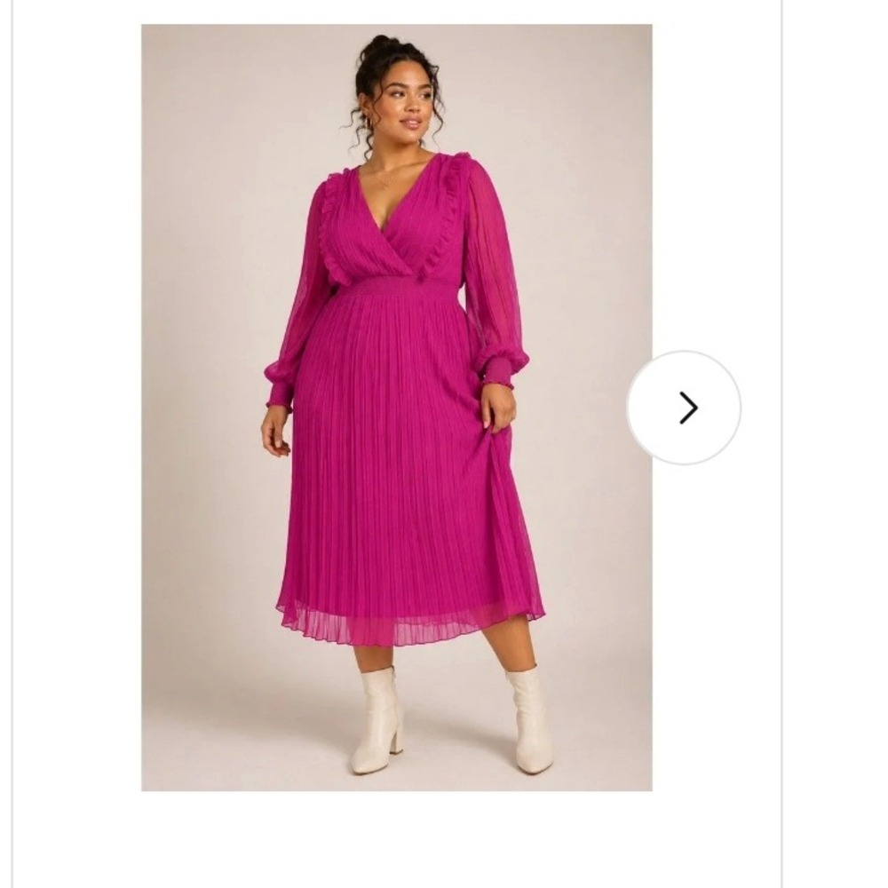 Eloquii Magenta Purple Pleated Ruffle Midi Dress Long Sleeve Size 18